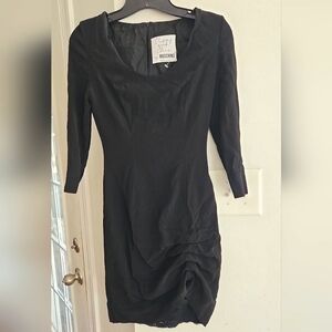 Moschino Black Dress 3/4Sleeve Ruched Skirt Midi Back Zip LBD Velvet lace detail
